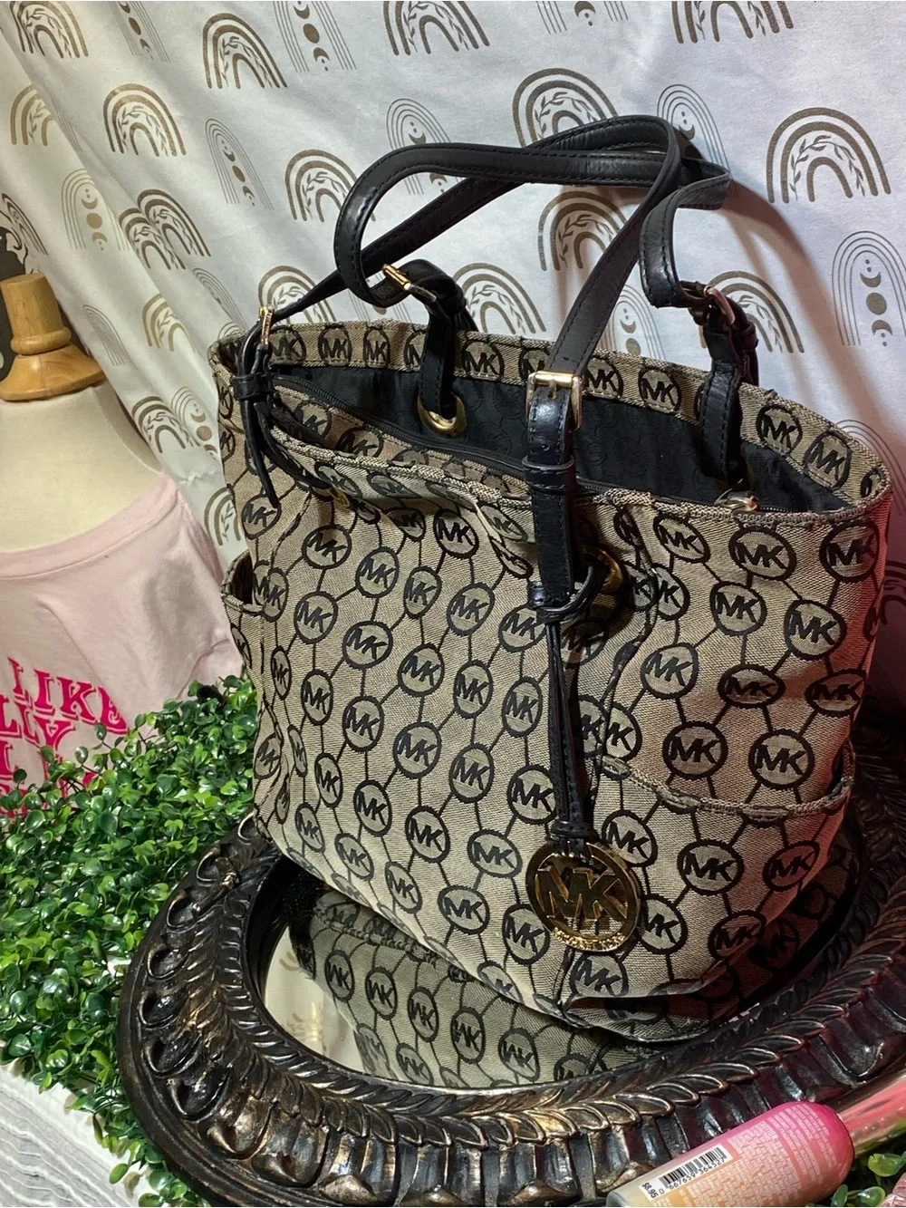 Michael Kors Beige and Black MK Logo Tote
